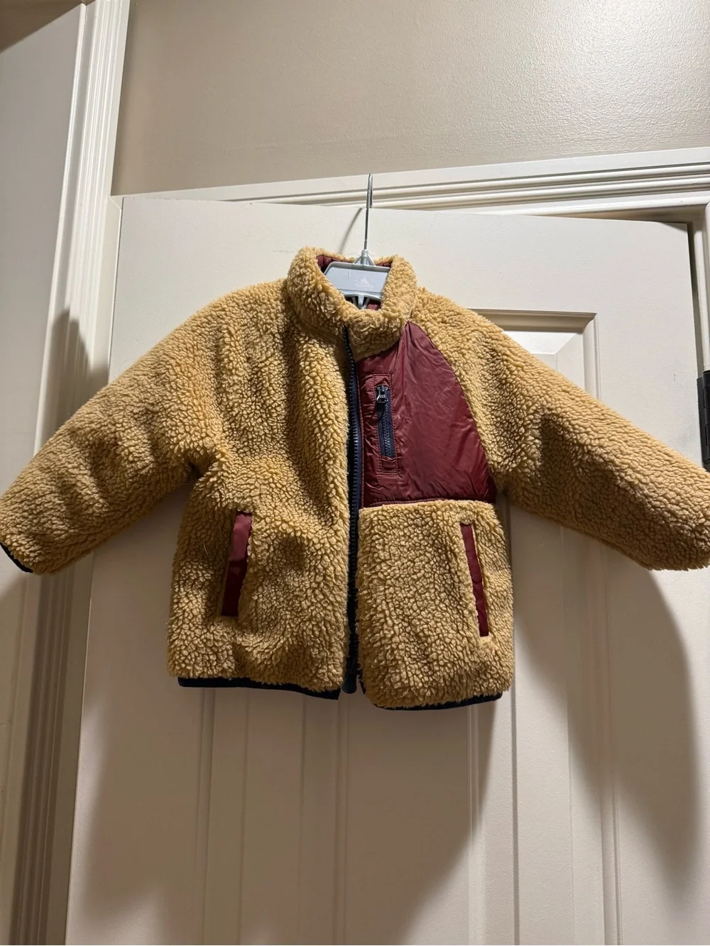 GAP Kids Burgundy Puffer Jacket with Tan Sherpa Lining